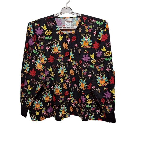 UA Scrubs Womens 4X Scrub Jacket‎ Long Sleeve Thanksgiving Turkey Autumn Medical - Picture 1 of 8